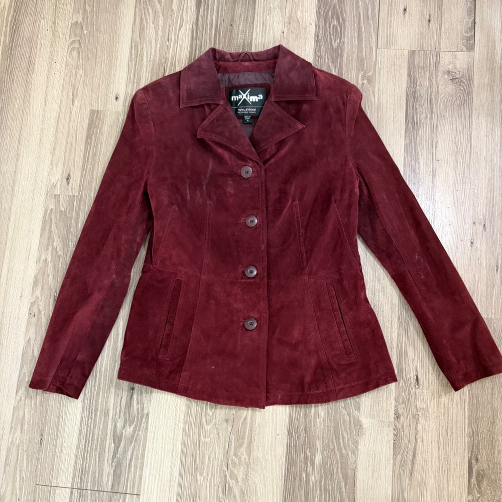 Vintage 90s Wilsons Leather Maxima Burgundy Suede Jacket (Sz M) & Skirt (Sz 6) - Picture 2 of 13